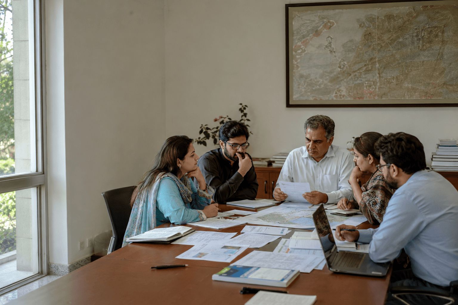 KSP researchers reviewing maps, printed data tables and working papers around a meeting table.
