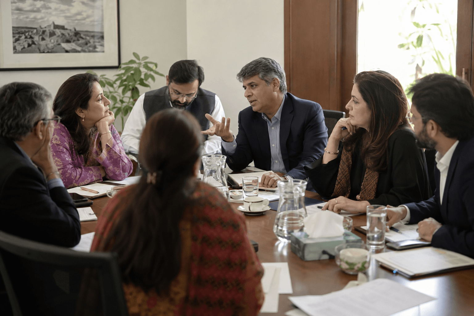 Participants in a KSP policy dialogue around a boardroom table, one speaking while the others take notes.