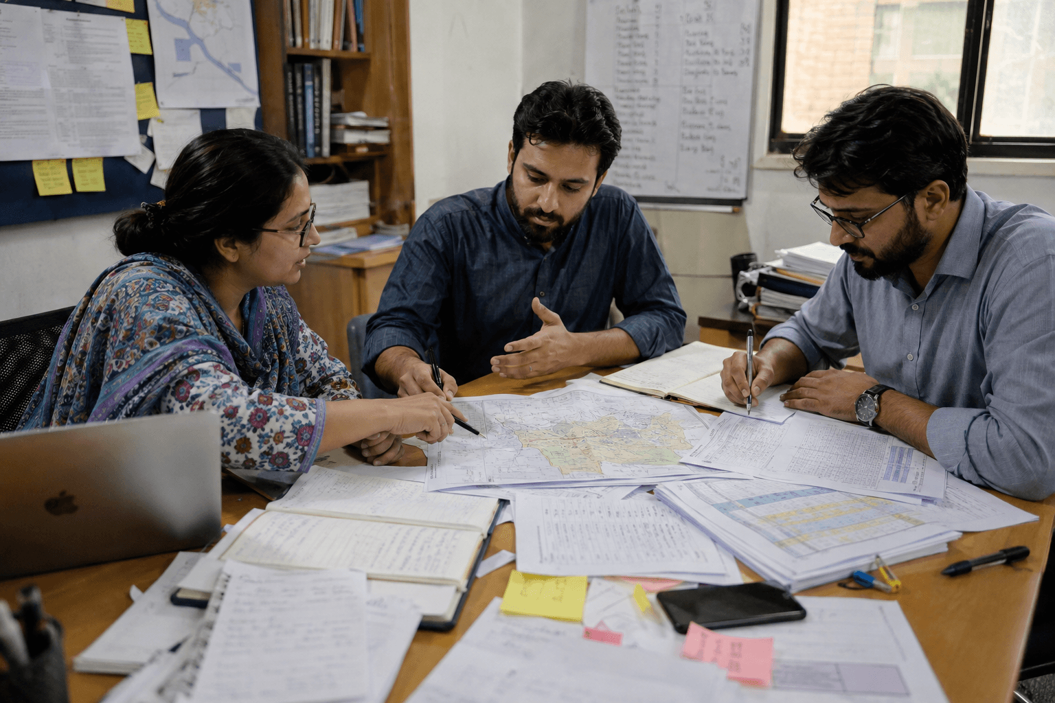 Three KSP researchers annotating a district map alongside field notebooks and tabulated data.