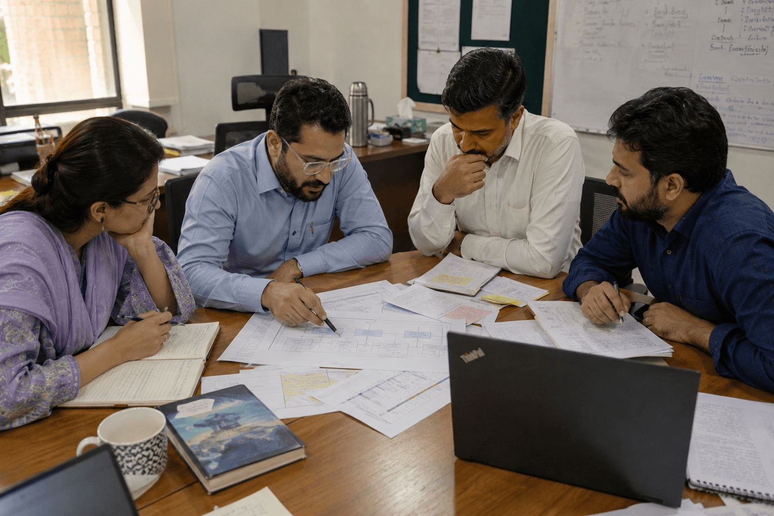 KSP staff working through a process diagram with institution colleagues at a shared table.